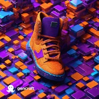 an orange and purple shoe is surrounded by colorful cubes