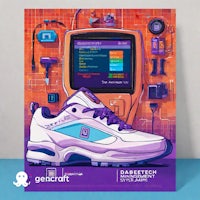 a poster with a shoe and a computer on it