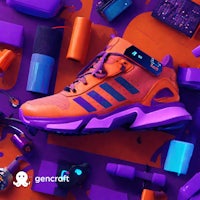a pair of sneakers with a purple, orange, and blue background